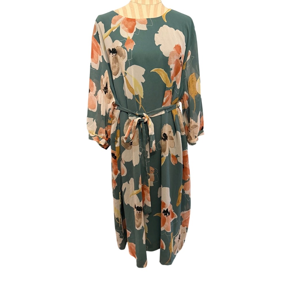 Ava & Viv Teal Floral Long Sleeve Midi Dress Plus Size 3X Cottagecore